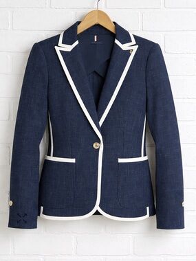 Tommy Hilfiger Navy Contrast Trim Blazer | White Piping | Preppy Classic |Size 6